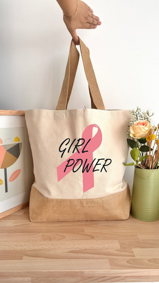 Sac 29L personnalisable - Octobre Rose - Girl Power - Toile de jute