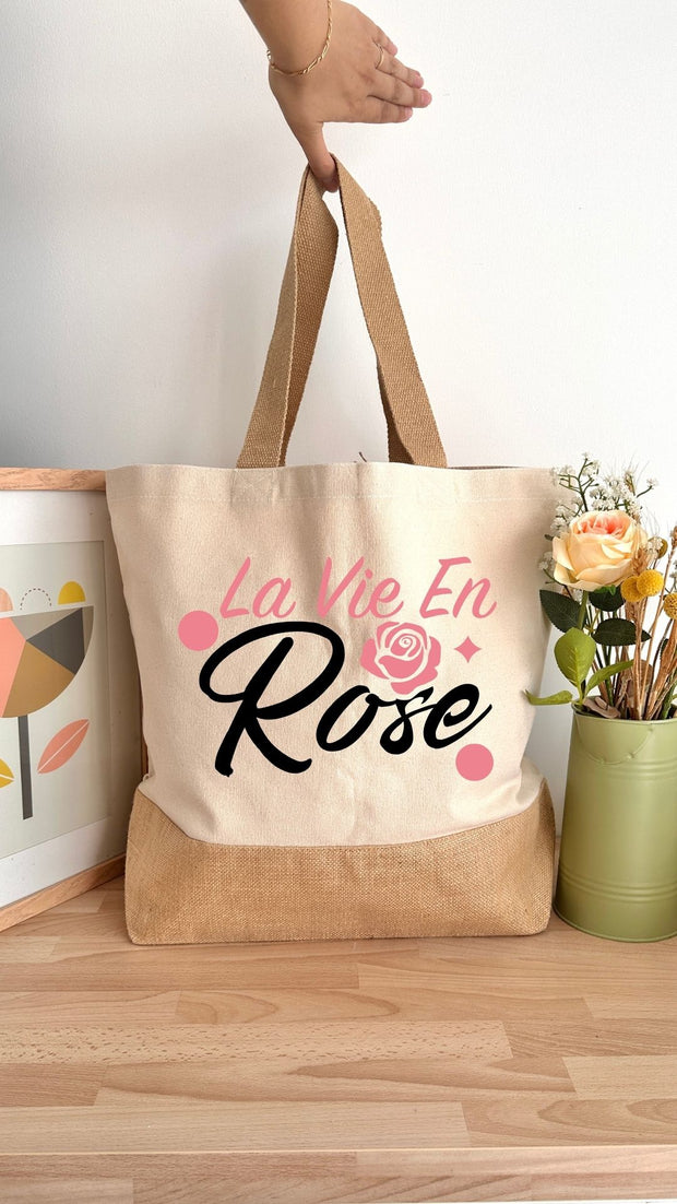 Sac 29L personnalisable - Octobre Rose - La vie en rose texte - Toile de jute